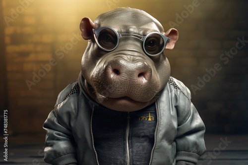 A hippo wearing hip-hop style street fashion. Funny cute animal, adult Hippopotamus in the street, rapper and hustler concept photo