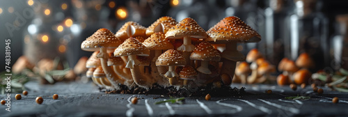 Mushrooms With Droplets Standing On Black Background Wide Panoramic ,  photo