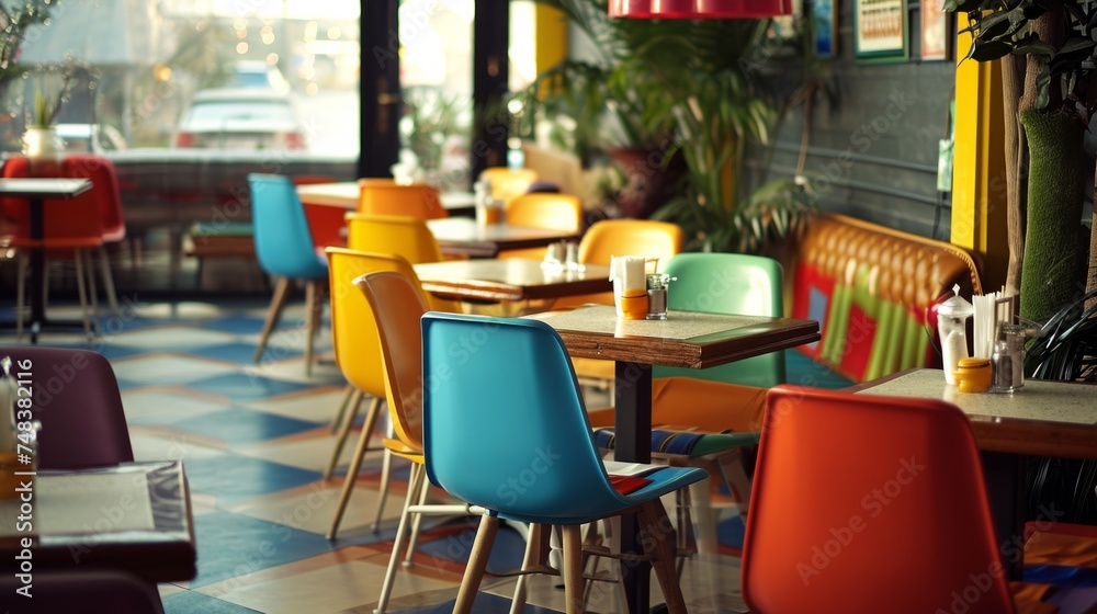 Colorful Dining table in cafe restaurant retro vintage 1980 style interior generative ai