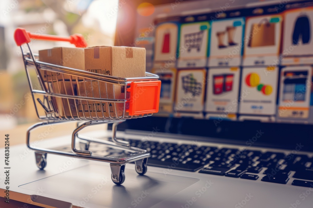 Shopping cart with boxes on laptop, online shopping concept. Shopping cart with boxes on laptop, online shopping concept.