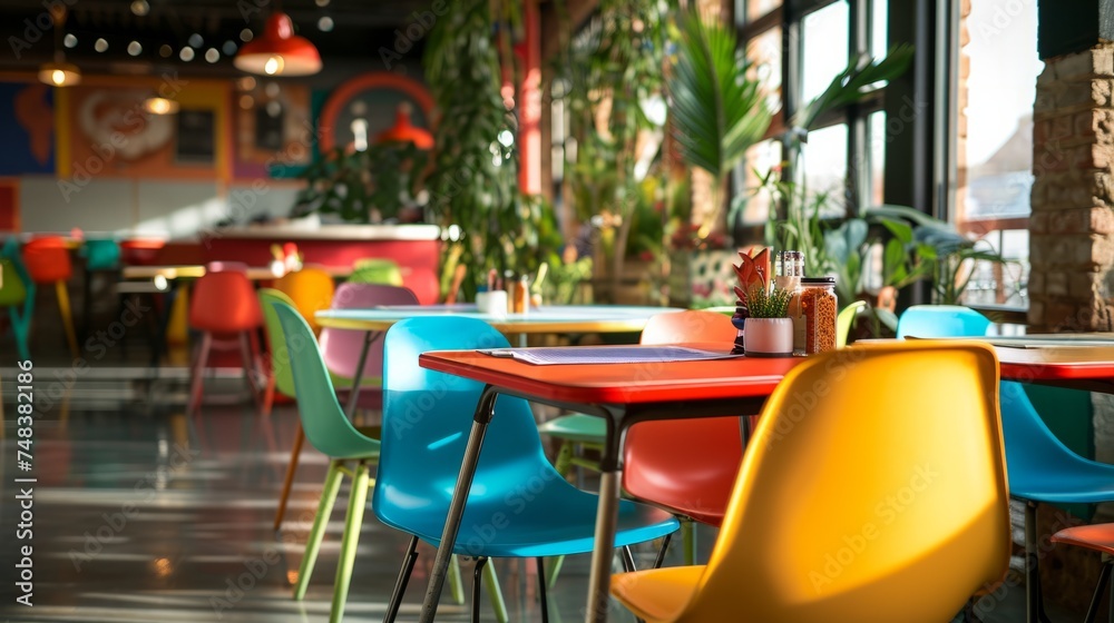 Colorful Dining table in cafe restaurant retro vintage 1980 style interior generative ai