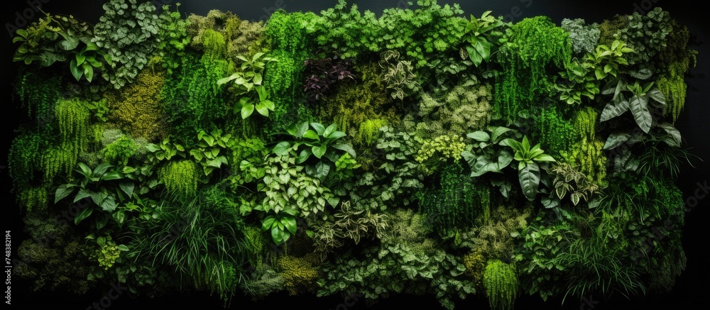 A green wall covered in various plants, creating a vibrant and eco-friendly vertical garden. The plants are thriving and adding a touch of nature to the space they adorn.