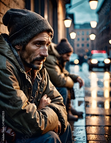 A somber man with a weathered expression sits on a city sidewalk at dusk, his gaze lost in the distance. The city lights cast a warm glow on the scene, highlighting the harsh reality of urban struggle