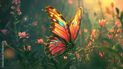 Colorful butterfly illustration, delicate and vibrant, fluttering in a garden generative ai © Francheska
