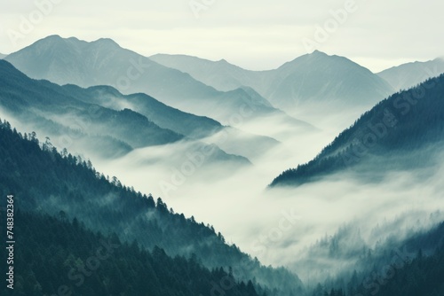 Eerie Mountain foggy view. Mist hill. Generate Ai photo
