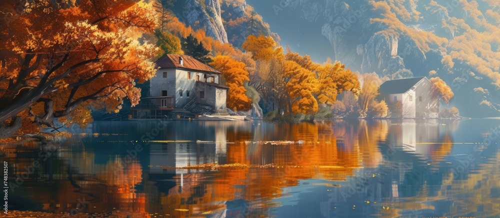 A painting depicting a house positioned on the edge of a serene lake, with towering mountains in the background. The scene captures the beauty of nature with the elements of a house, water, and