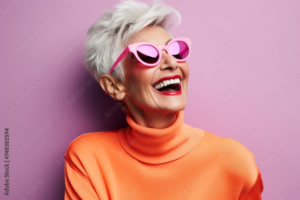 Happy senior woman in sunglasses and orange sweater over purple background. Beauty, fashion.