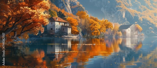 A painting depicting a house positioned on the edge of a serene lake  with towering mountains in the background. The scene captures the beauty of nature with the elements of a house  water  and