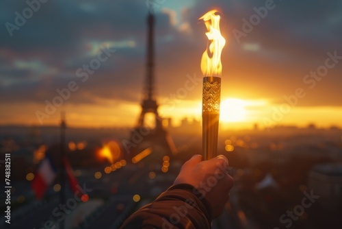 Torch and Eiffel Tower at dawn, city view