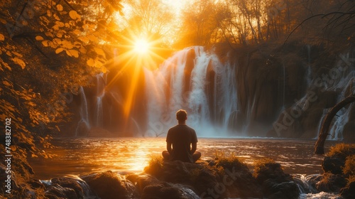 Man Sitting on Rock in Front of Waterfall