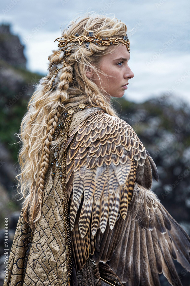 Norse goddess Freyja with her cloak of falcon feathers, portrait ...