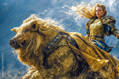 The goddess Freyja riding her golden boar Hildisvíni, Norse mythology photo