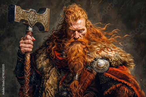 The Norse god Thor with his hammer Mjölnir, portrait photo