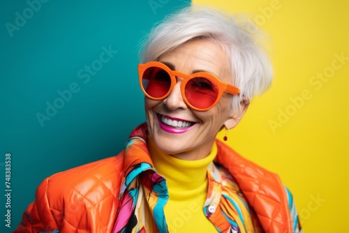 Portrait of a beautiful senior woman with short white hair wearing sunglasses over colorful background.