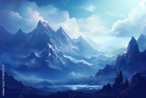 Majestic Mountains landscape hill. Blue scene. Generate Ai © juliars