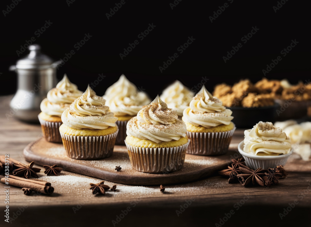 several cupcakes with cheese frosting on a wooden bench