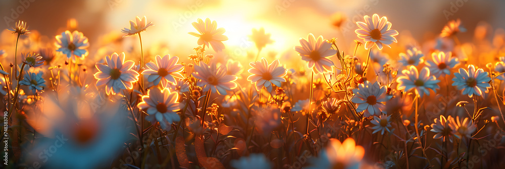 A close-up of a bunch of flowers in a field with grass,
A colorful flower field with a blue background







 - obrazy, fototapety, plakaty 