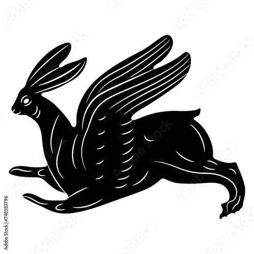 Running funny winged hare or rabbit. Antique ethnic animal design. Ancient Greek or Roman vase painting style. Black and white silhouette.