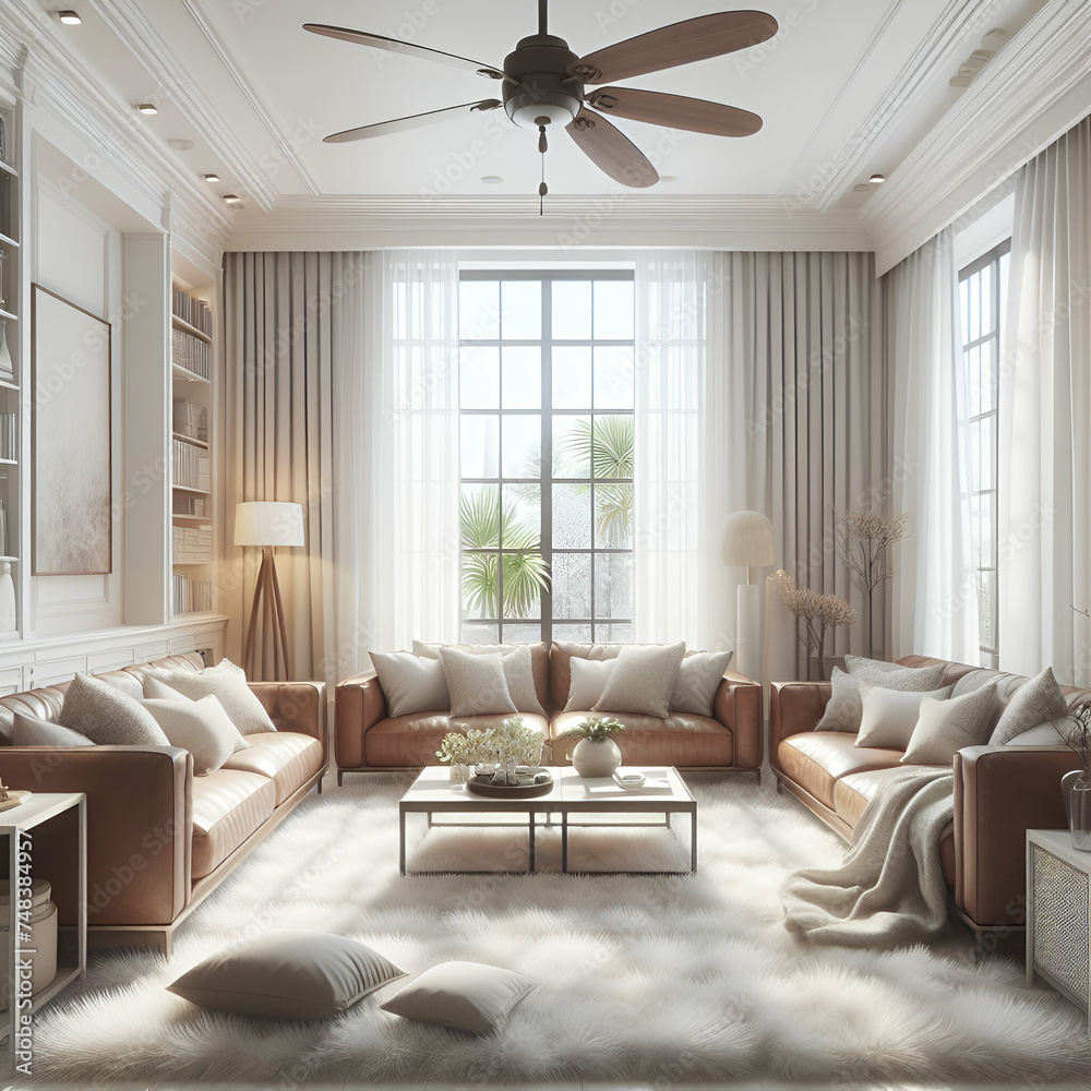 Fototapeta premium Interior Large Living Room Design of Apartment or Home with Soft Fluffy Beige Fur Carpet on Floor, White Walls, Full Wall Windows, a Ceiling Fan, & Stylish Designer Light Brown Leather Sofas Furniture