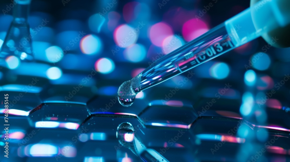 Droplet of DNA sample through pipette over research data generative ai Droplet of DNA sample through pipette over research data generative ai