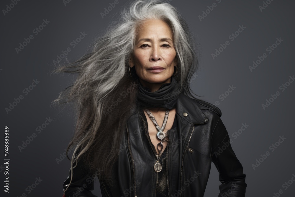 Portrait of a beautiful senior woman with long grey hair and leather jacket