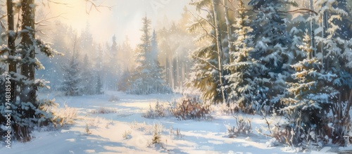 A painting depicting a forest covered in a blanket of snow during a frosty winter morning. The scene captures the tall fir trees dusted with snow, creating a serene and tranquil atmosphere.