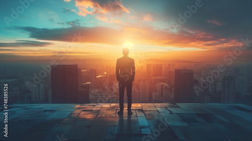 businessman, sunset over the city