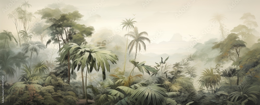 Wallpaper of a jungle landscape in watercolor style.