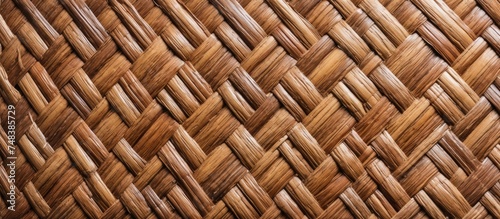 This close up view showcases the intricate weaving pattern of unique rattan matting. The natural fibers are tightly intertwined  creating a durable and visually appealing texture.