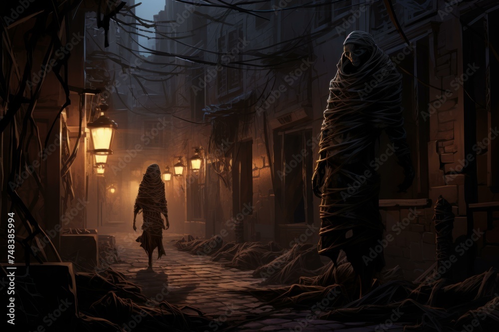 Ancient Mummy night street portrait. Scary monster undead with creepy eyes. Generate Ai Ancient Mummy night street portrait. Scary monster undead with creepy eyes. Generate Ai
