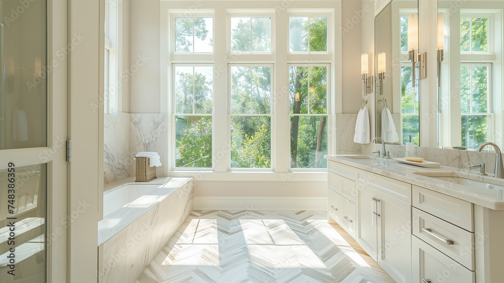 Gorgeous bathroom with large window and parquet floors. - obrazy, fototapety, plakaty 
