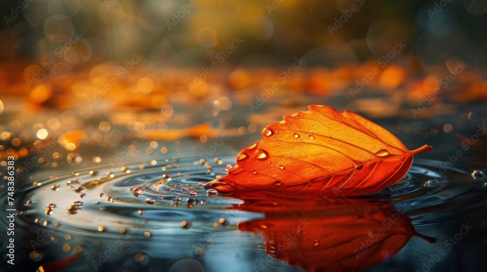 Fallen leaf in shiny water drops generative ai