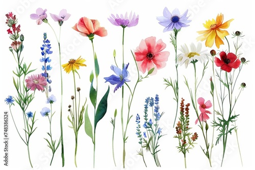 Artful collection of wildflowers Each with unique textures and colors Meticulously painted in a watercolor style and isolated on a pure background