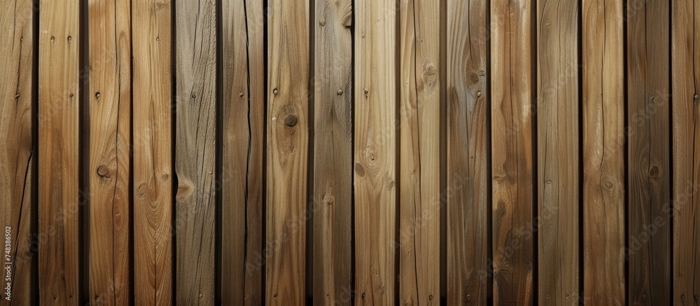 Fototapeta premium In this close-up shot, a wooden fence is prominently displayed against a clear blue sky background. The intricate details of the wooden slats can be seen, suggesting repair or maintenance work being