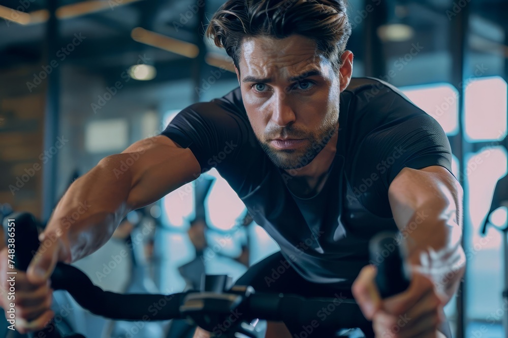 Fitness enthusiast engaging in an intense indoor cycling workout at a modern gym Fitness enthusiast engaging in an intense indoor cycling workout at a modern gym
