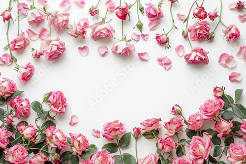 Elegant floral web banner Featuring a detailed arrangement of blooming pink roses and scattered petals on a pristine white surface Creating a soft and inviting composition