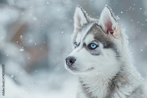 Fluffy siberian husky puppy on a snowy background Looking playful © Bijac