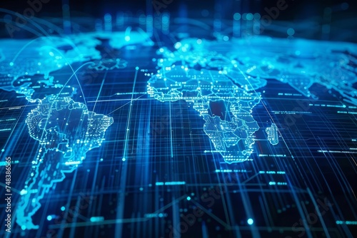Futuristic digital world map Symbolizing global connectivity and the digital age. this cgi image is perfect for themes related to technology Communication And global networks.