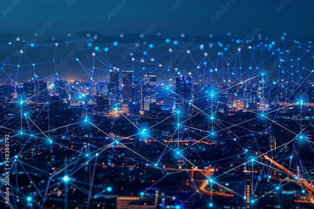 Night city background with digital global media links Symbolizing the interconnectedness of modern communication Technology And networking in the digital age.