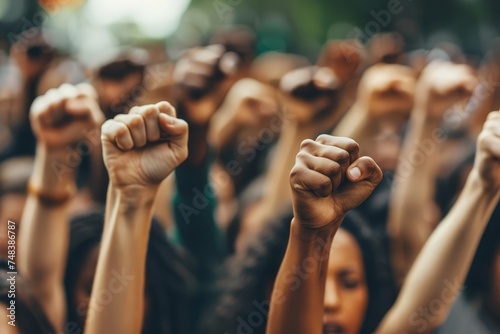 Multi-ethnic group of people with raised fists Symbolizing unity Strength And the fight for rights. this powerful image represents diversity and solidarity among communities photo