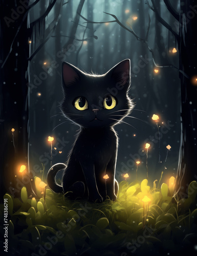 Cute Black Cat in Mystical Forest. Halloween Scene with Big Eye Black Cat