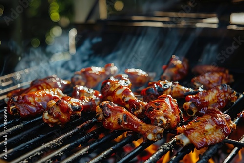 Tangy barbecue chicken wings on a grill Summer outdoor cooking