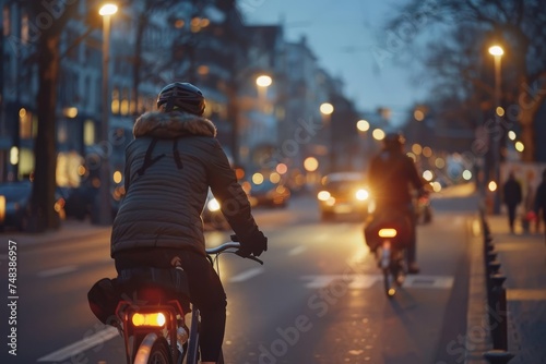 Fototapeta Naklejka Na Ścianę i Meble -  Urban bike ride Group of cyclists exploring the city at dusk