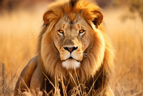 Majestic Male Lion Resting in the African Savanna: Powerful King of the Wilderness, with Beautiful Fur and Piercing Eyes
