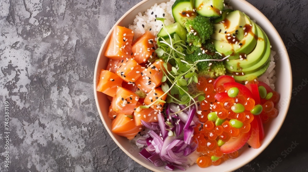 Fresh salmon poke bowl with various toppings generative ai Fresh salmon poke bowl with various toppings generative ai