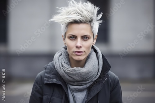 Portrait of a beautiful young woman with short blond hair, wearing a black jacket and gray scarf.