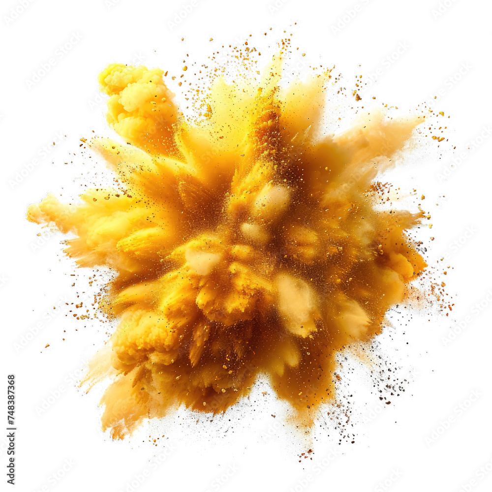 Yellow powder explosion burst isolated on transparent background, element remove background, element for design - obrazy, fototapety, plakaty 