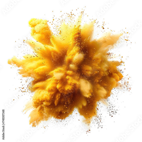 Yellow powder explosion burst isolated on transparent background, element remove background, element for design photo