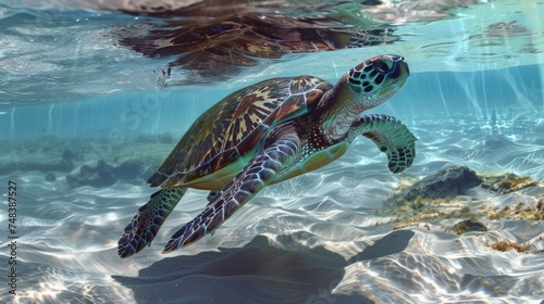 illustration of sea turtles swimming in crystal clear water generative ai