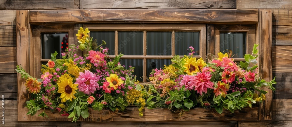 A rustic wooden window is beautifully adorned with a bunch of vibrant flowers. The colorful blooms create a striking contrast against the wooden frame, adding a touch of nature to the window.